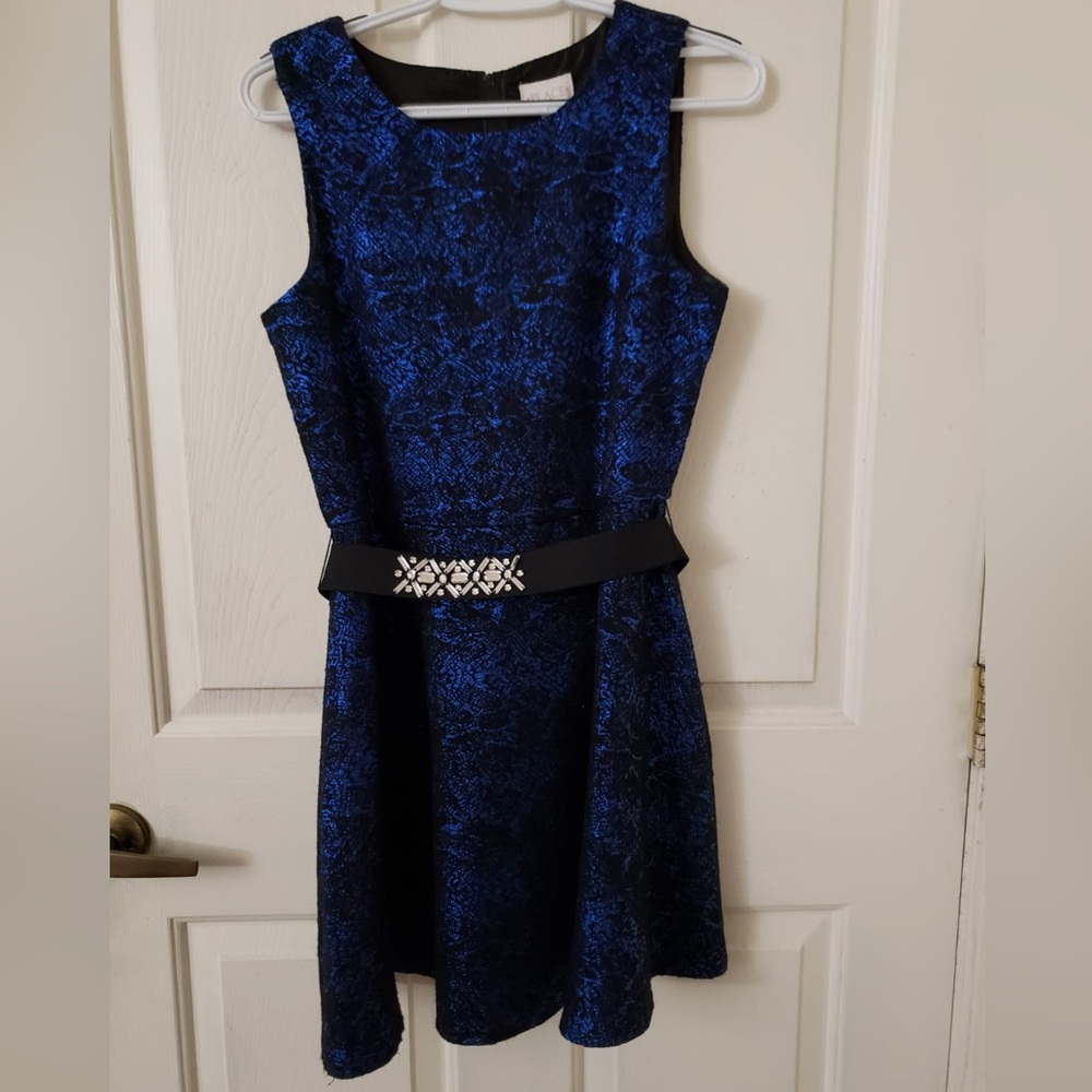 Kids Navy blue dress with black floral print with a gem belt
